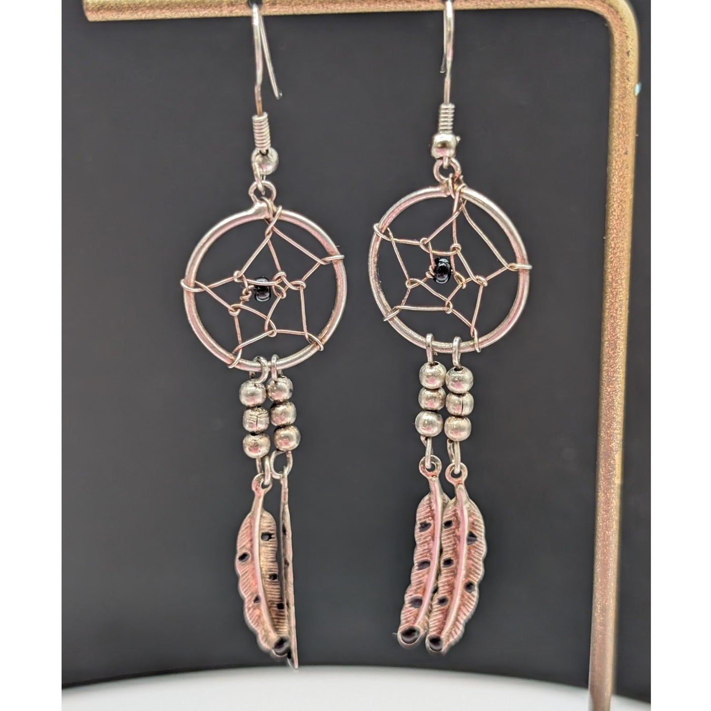 Silver Tone Dream Catcher Feather Dangle Hoop Earrings