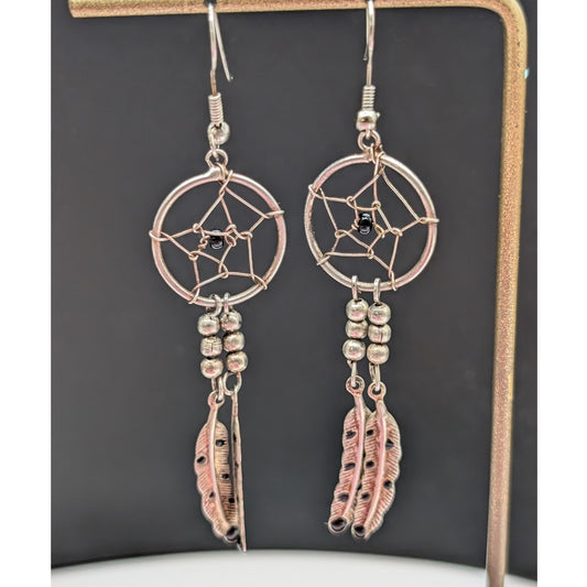 Silver Tone Dream Catcher Feather Dangle Hoop Earrings