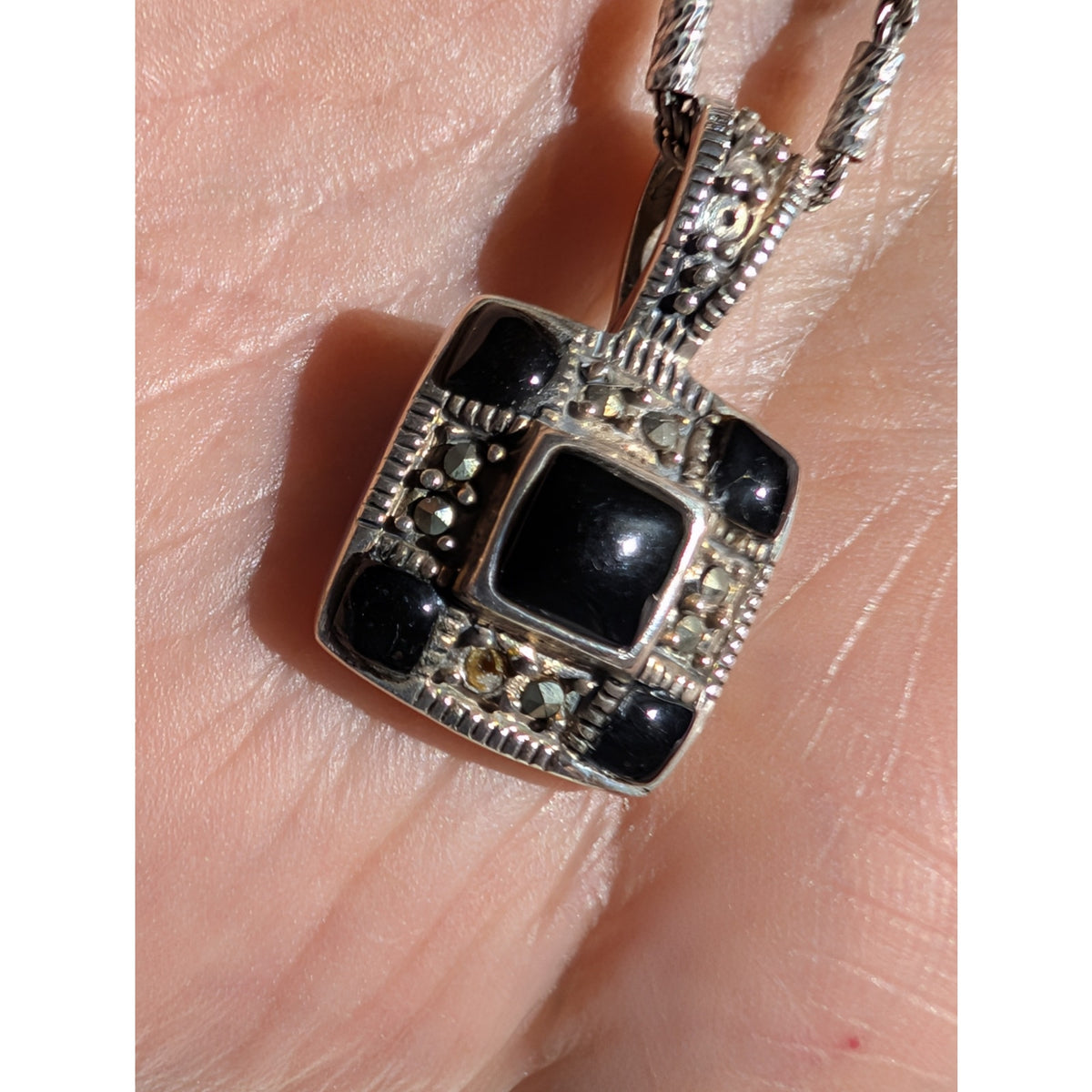 Vtg 925 Sterling Checkerboard Black Onyx Marcasite Pendant Bar Chain Necklace