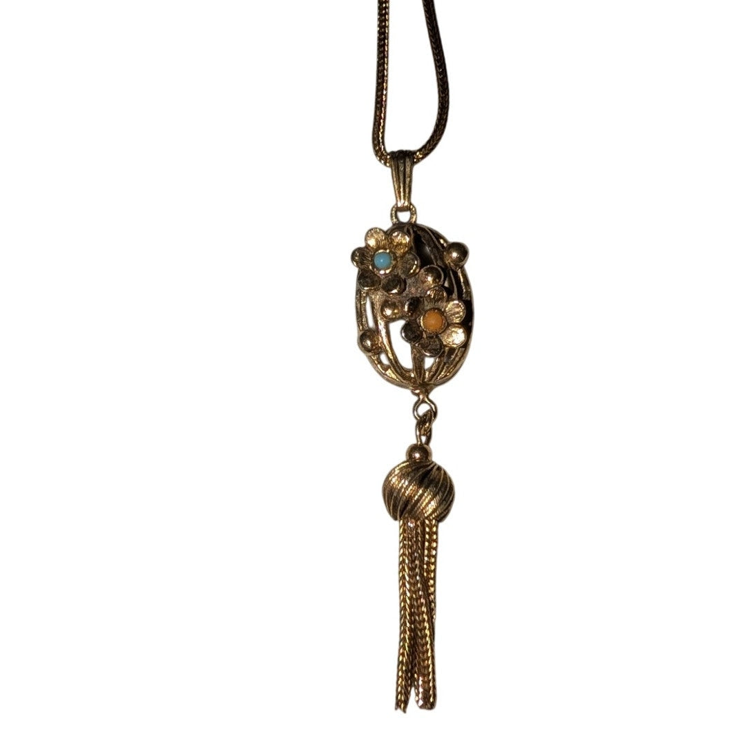 Vintage Gold Tone Cage Flower Tassel Pendant Gold Tone Chain Necklace