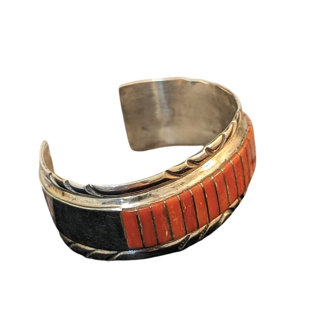 VTG Signed Zuni El Gasper Red Coral Inlay Sterling Silver Cuff Bracelet 44g
