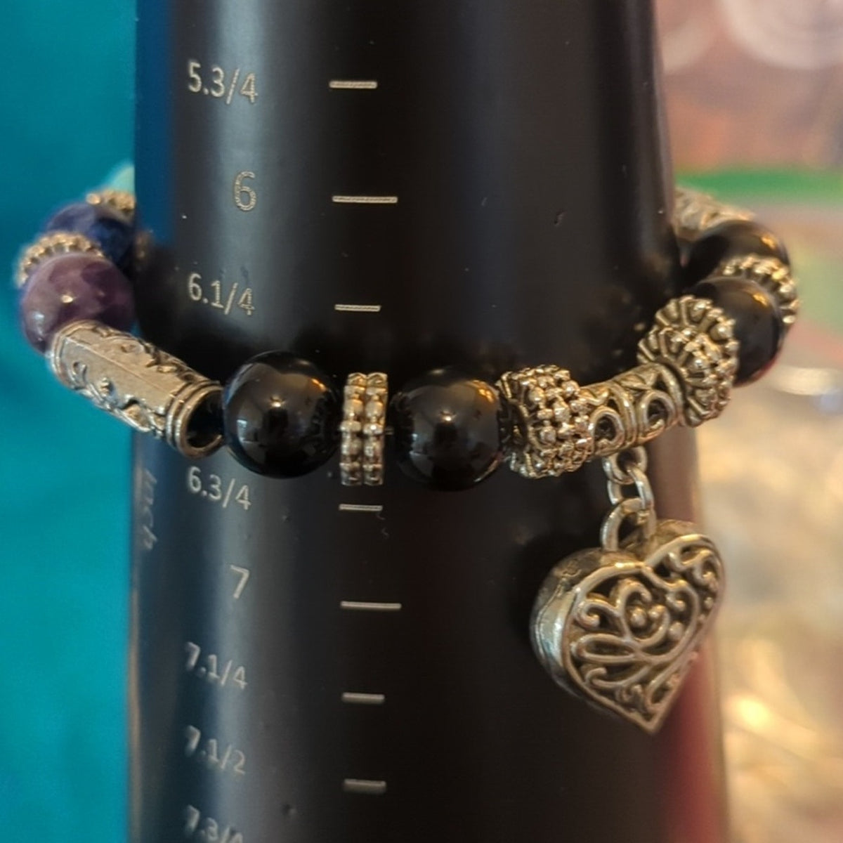 Gemstone Bead Stretch Bracelet with Silver Tone Filigree Puff Heart