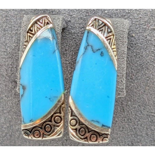 Vintage 925 Sterling Silver Turquoise Elongated Clip Earrings Marked 'b'