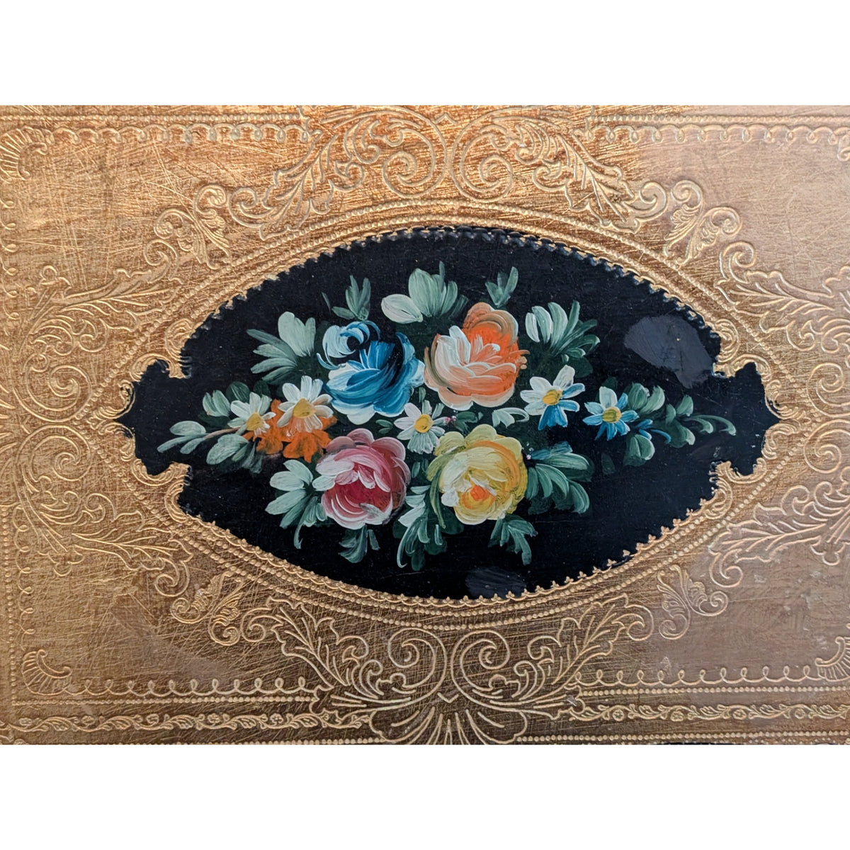 Vintage Italian Florentine Hand Painted Gold and Black Floral 18 X 15 Wood Tray