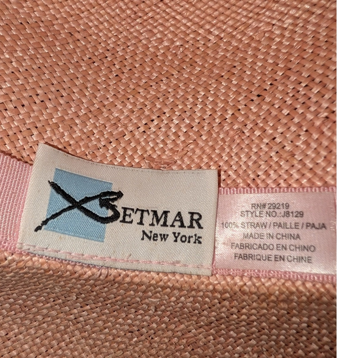 Betmar New York Vintage Blush Pink Straw Bow Detail Straw 22" Hat Upturned Edge