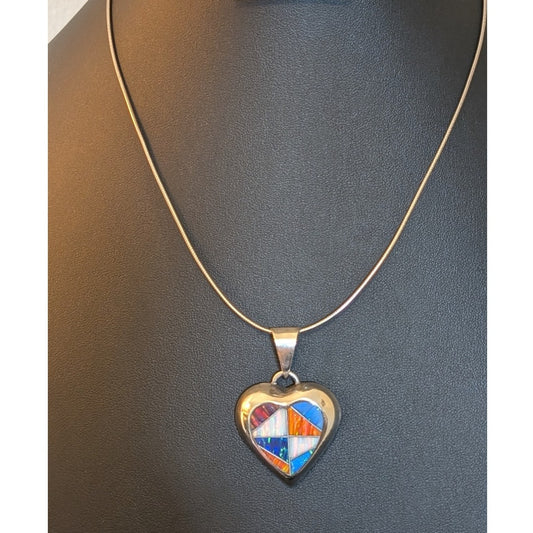 Vintage Mexico 925 Multi-Color Opal Inlay Heart Pendant 925 18" Cable Necklace