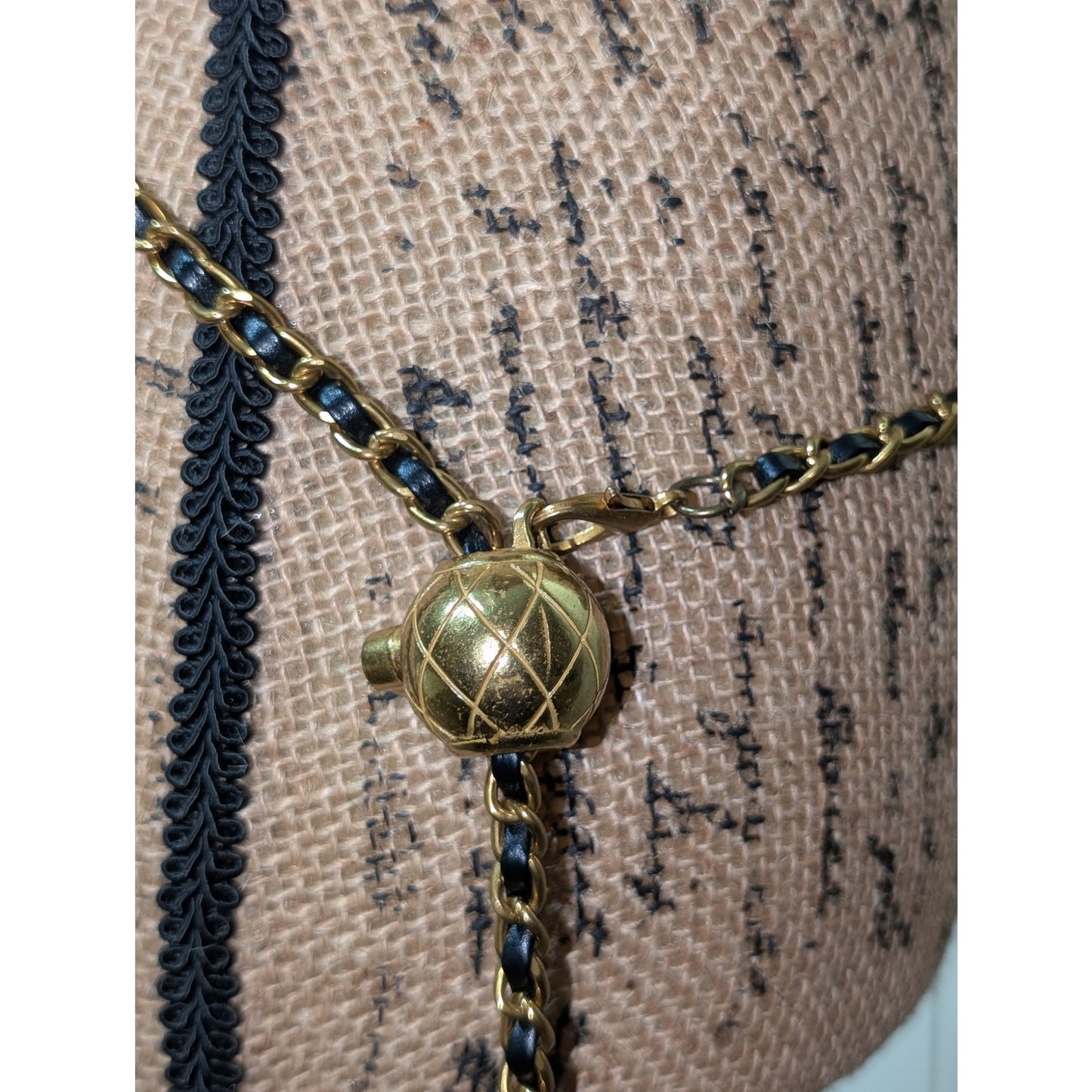 Vintage Black Leather Look Woven Through Gold Tone Chain 46" Belt