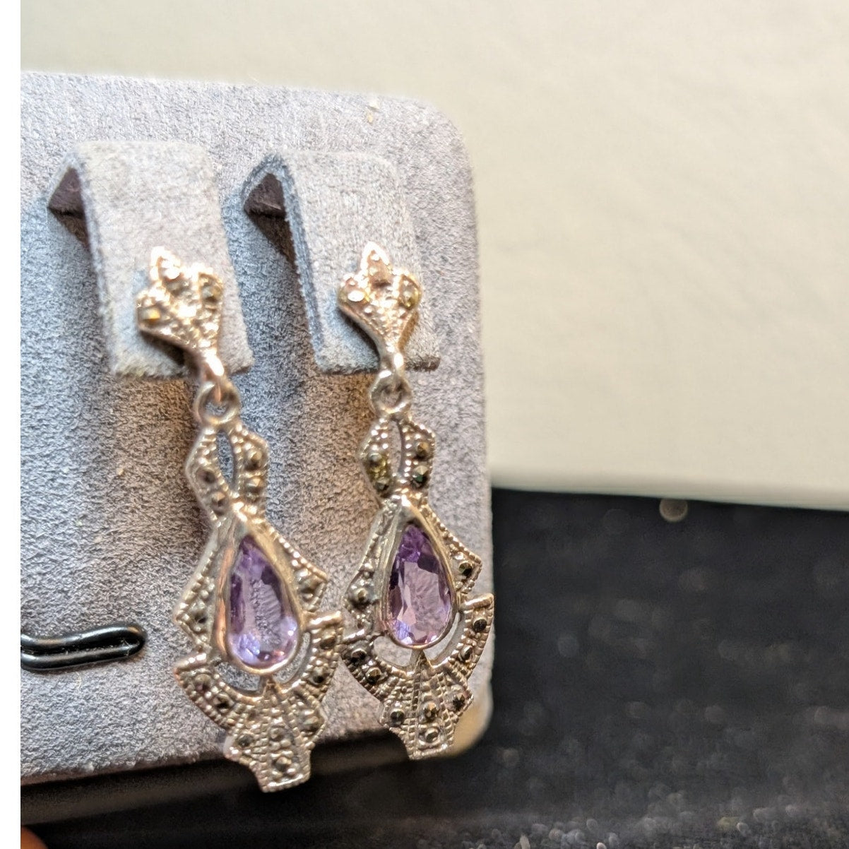 Vtg 80s Art Deco Sterling Silver Teardrop Amethyst Marcasite Post Drop Earrings