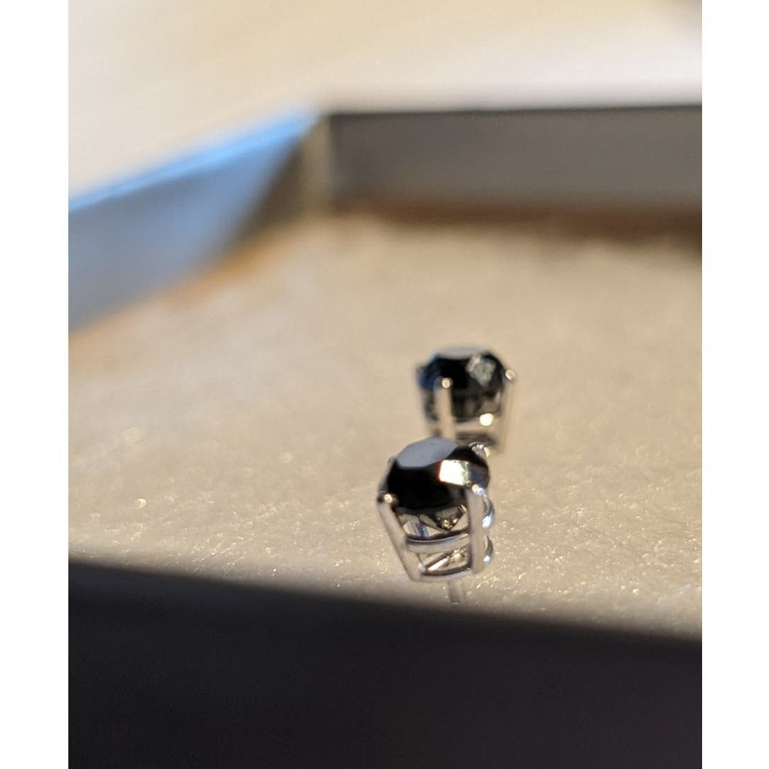 14k White Gold 4-Prong Basket Round Black Diamond Stud Earrings