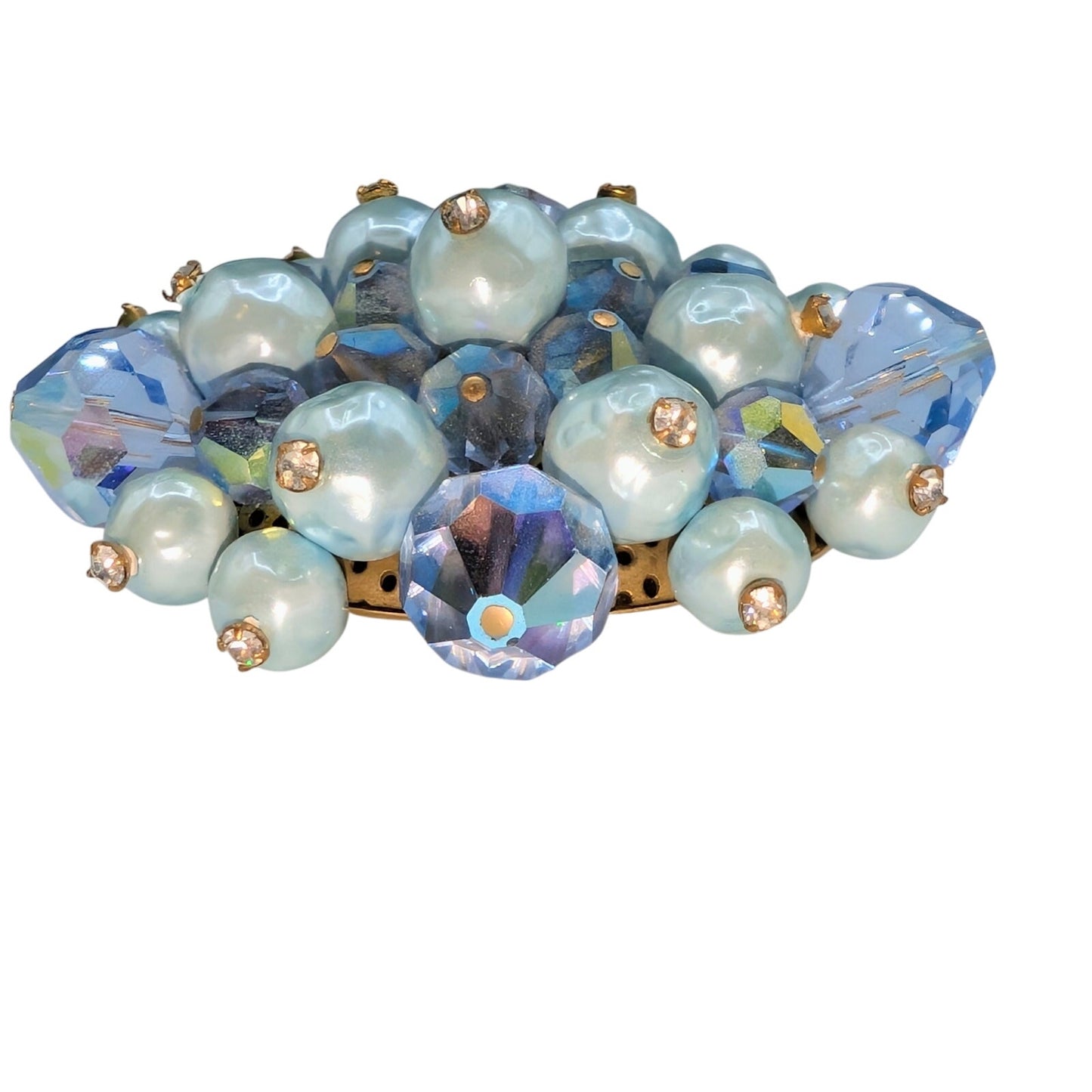 Vintage 1950s Laguna Blue Faux Pearl Rhinestone Crystal Brooch