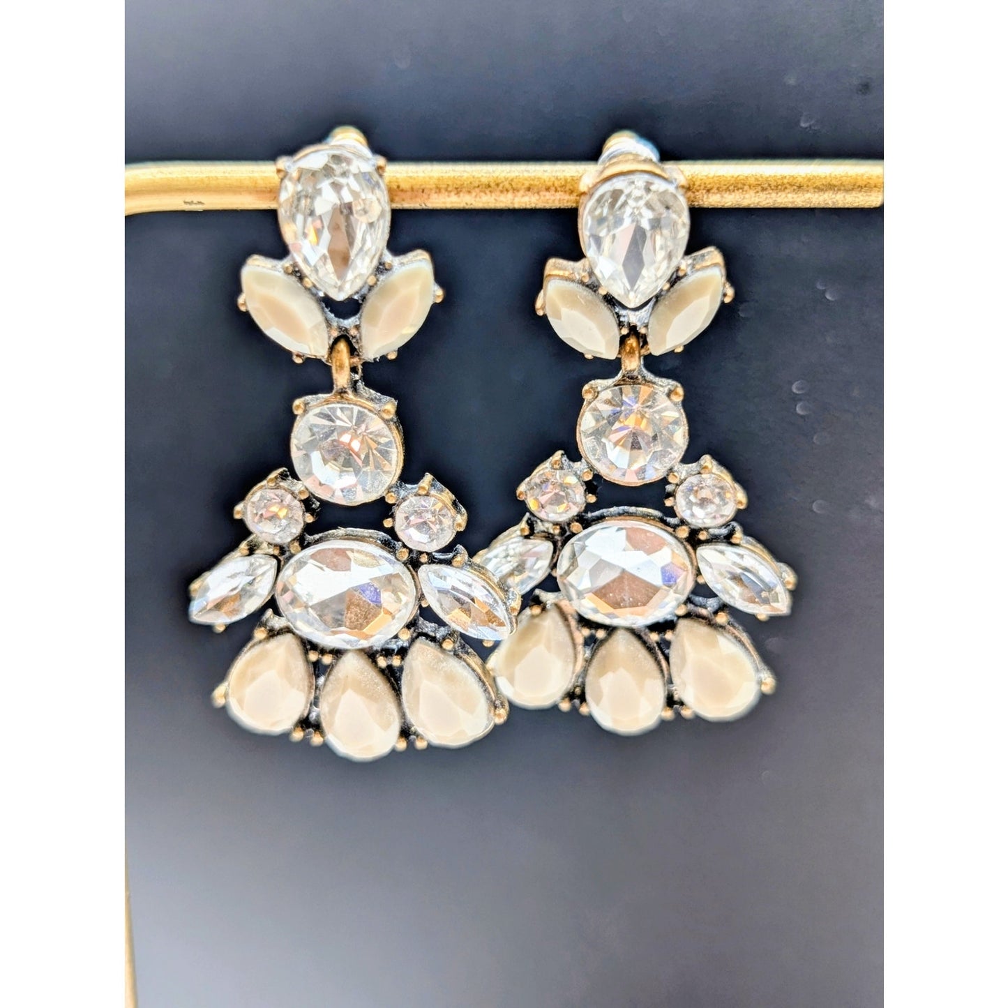 Rhinestone & Gray Green Bead Antiqued Statement Dangle Earrings