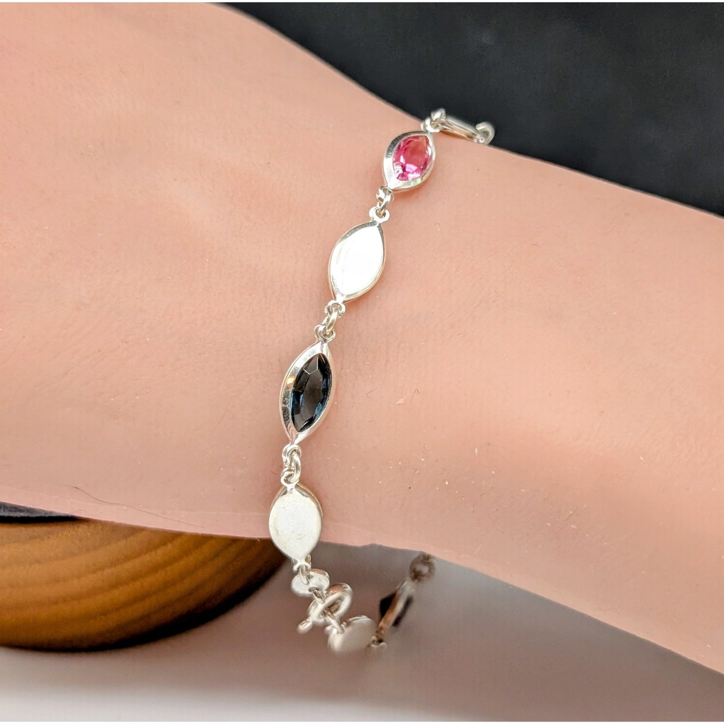 VTG Looks Like 'Powel'l 925 Sterling Silver Cut Glass Marquis Station Bracelet