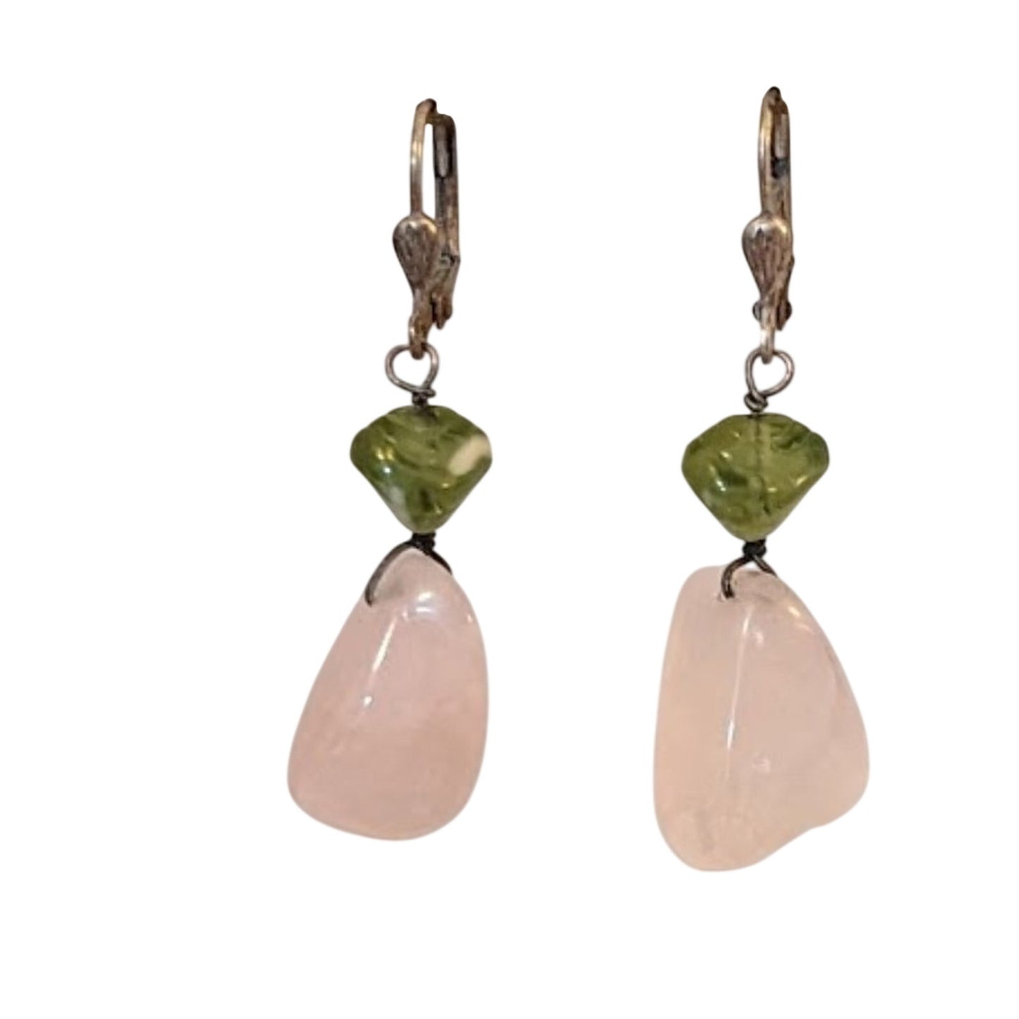 Vintage Pink Quartz Green Glass Lever Back Earrings