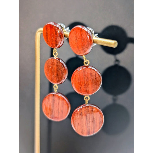 Vintage Three Disk Wood Dangle Earrings