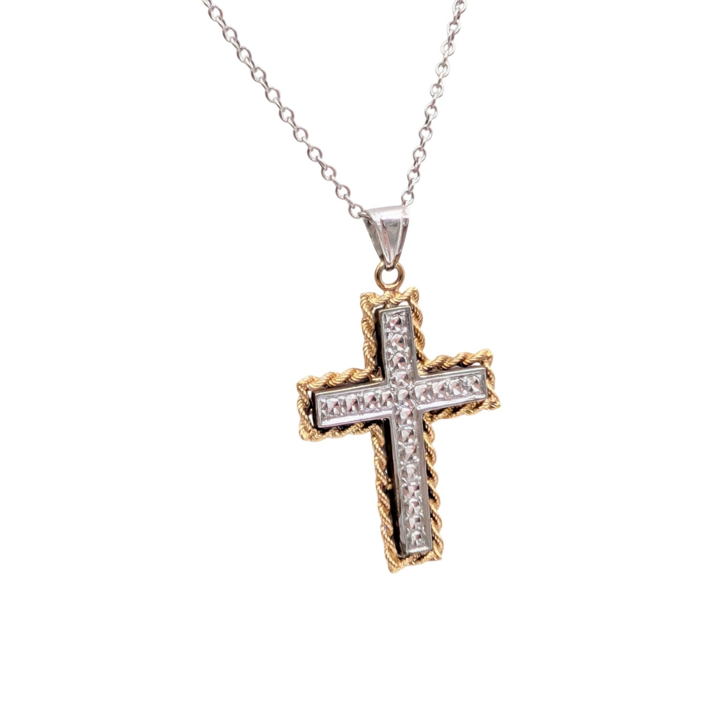 Peru 925 Sterling 1/3 10K Yellow Gold Two Tone Cross Pendant Chain 18" Necklace