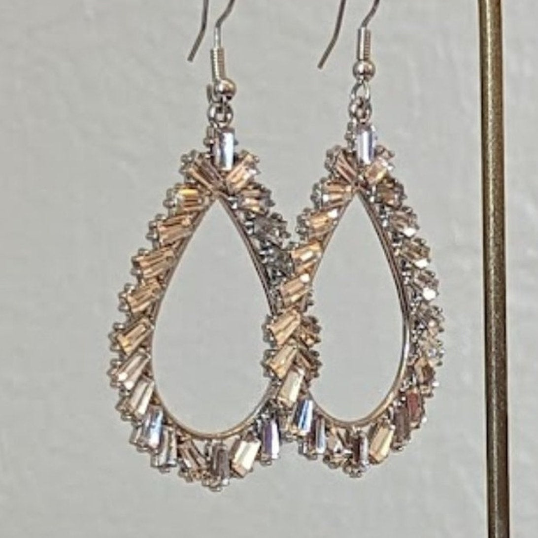 Baguette Crystal Teardrop Silver Tone Earrings