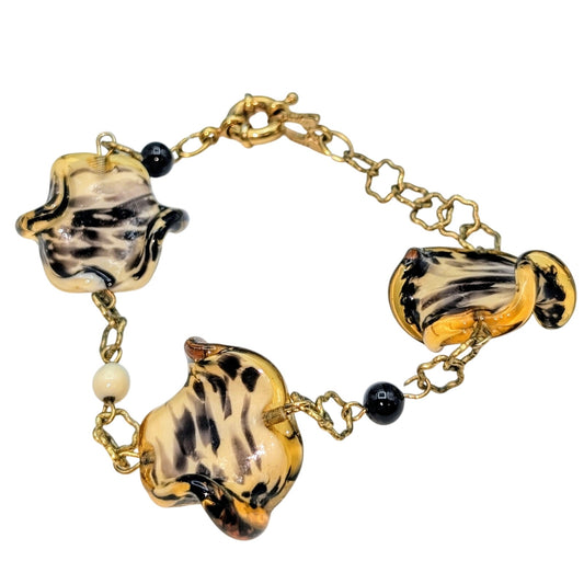 Antica Murrina Italian Ruffled Tiger Striped Glass Bead Gold Tone Chain Bracelet