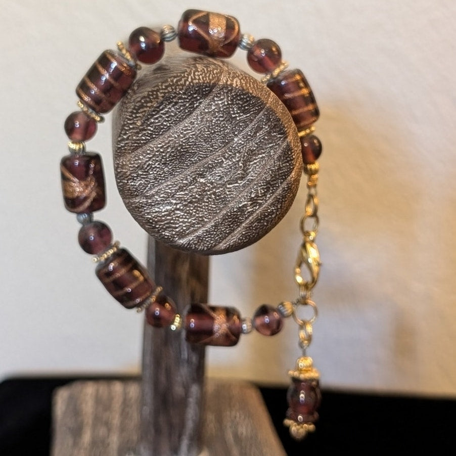 Gold Foil Purple Glass Artisan Beaded Bracelet W/ Bead Dangle