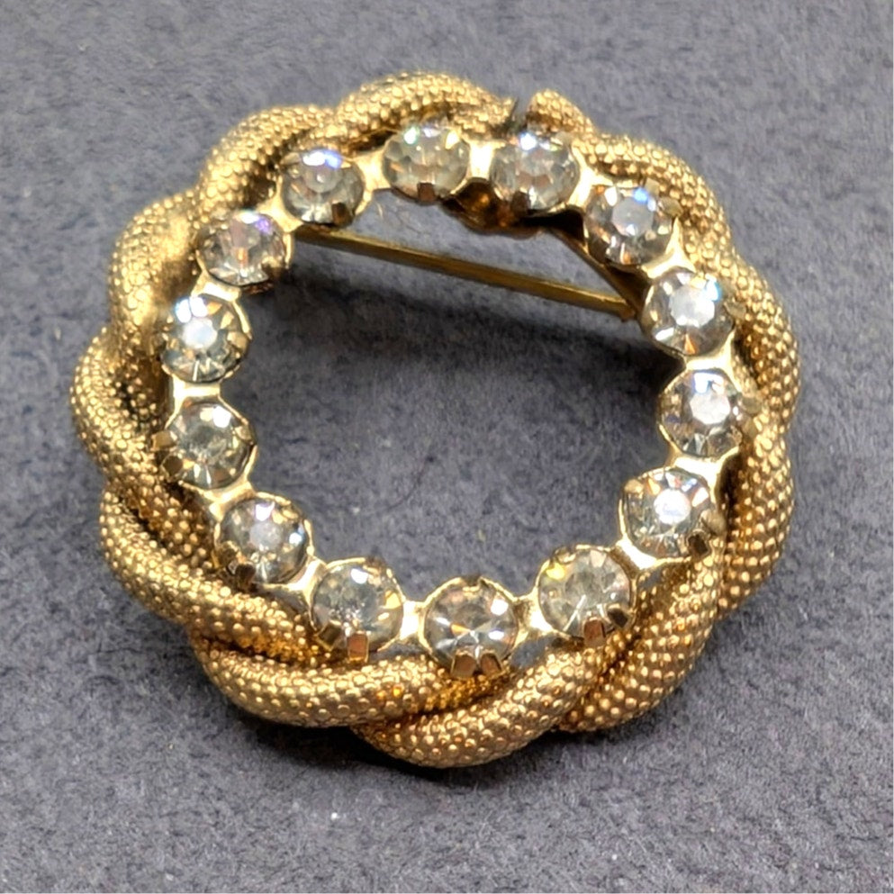 Vintage 1960s Gold Tone Braided Rhinestone Wreath Brooch