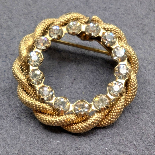 Vintage 1960s Gold Tone Braided Rhinestone Wreath Brooch