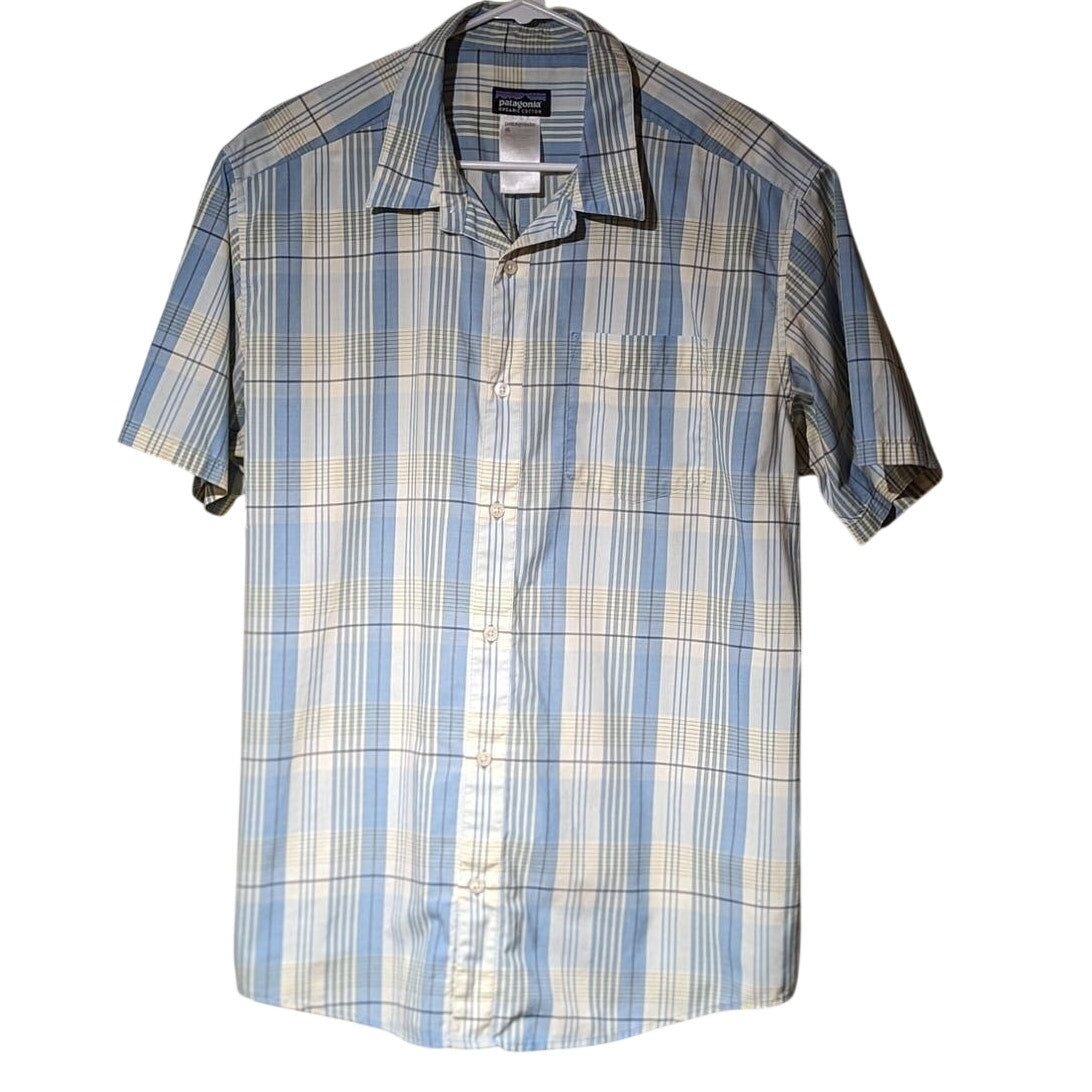 Patagonia Organic Cotton Light Blue Plaid Short Sleeve Button Up Shirt Mens Sz L
