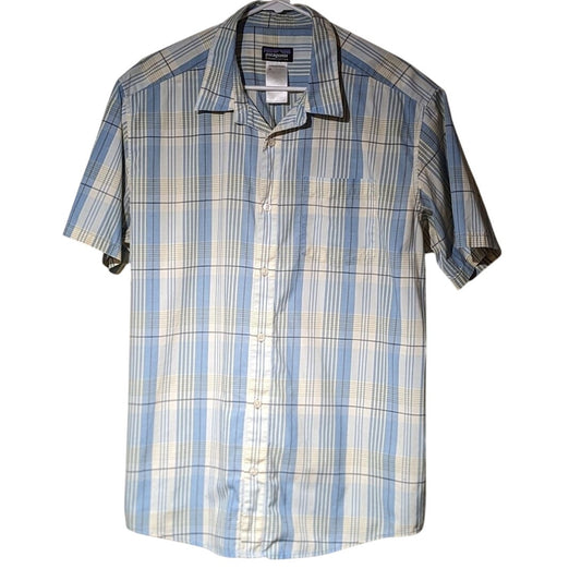 Patagonia Organic Cotton Light Blue Plaid Short Sleeve Button Up Shirt Mens Sz L