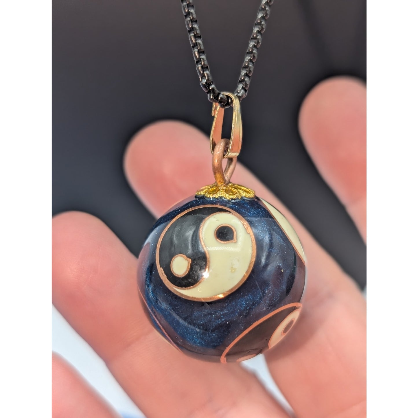 Enameled Blue Gold Cream Black Cloisonne Chime Pendant 26" Necklace