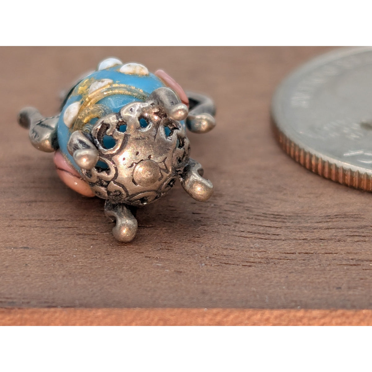 Vintage Nuvo Sterling Teapot Charm Blue Lampwork Glass Bead