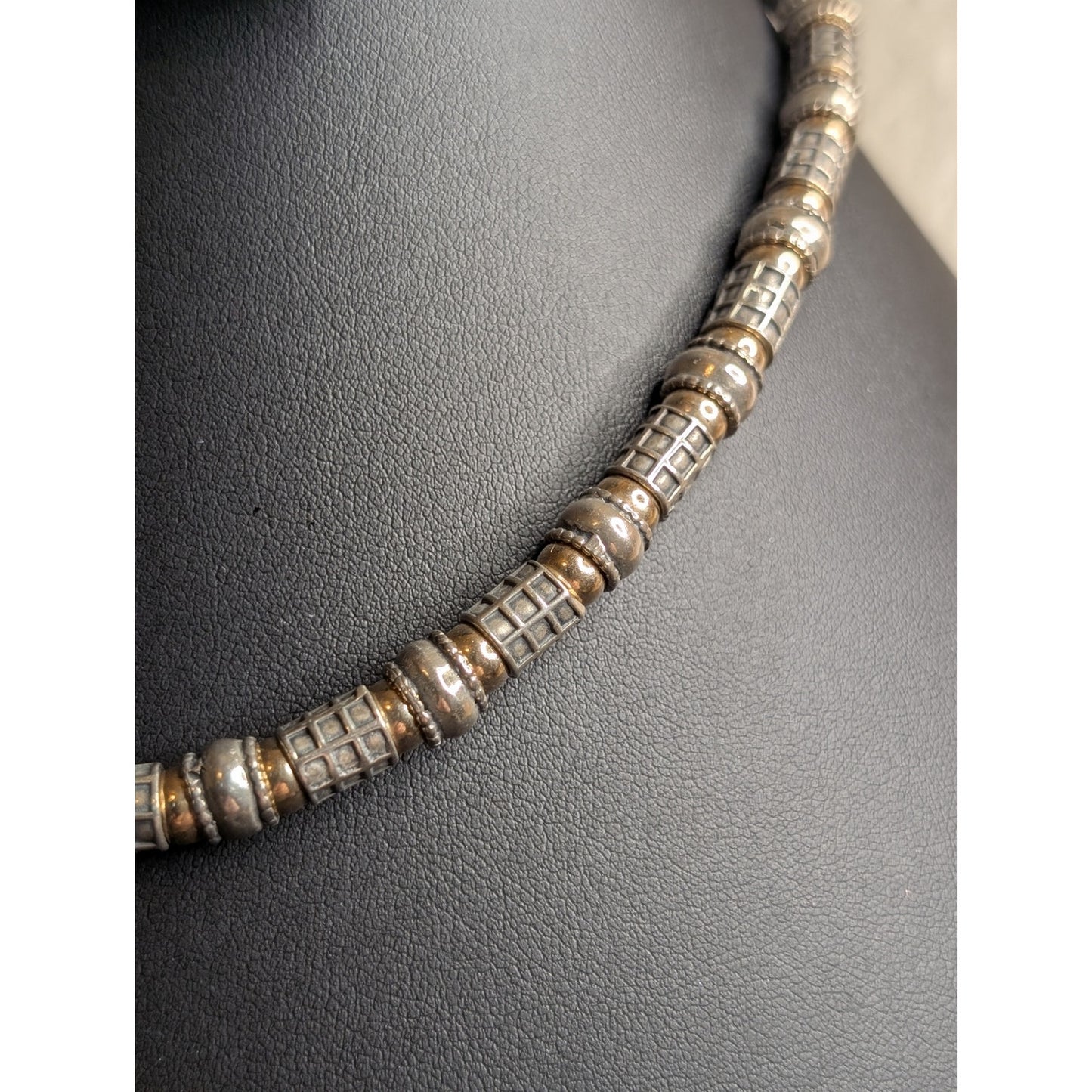 VTG 16.5" Two Tone 925 Sterling Silver Ball & Checkered & Rondelle Bead Necklace