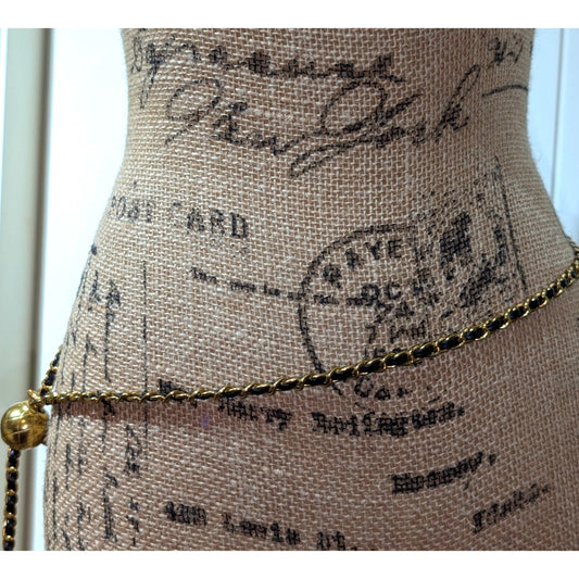 Vintage Black Leather Look Woven Through Gold Tone Chain 46" Belt