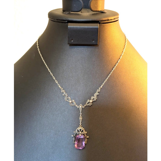 Antique Art Deco Sterling Amethyst Marcasite Filigree Pendant Paperclip Necklace