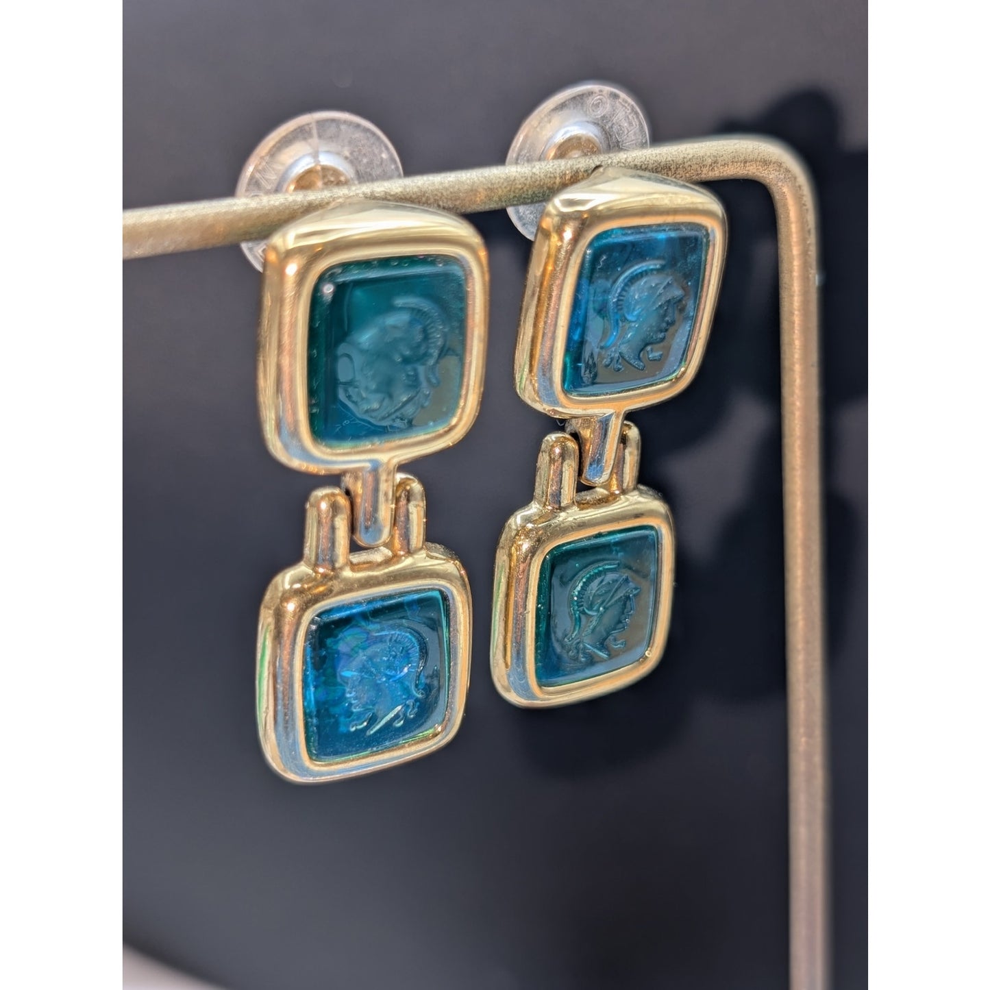 Vintage Monet Gold Tone Warrior Green Intaglio Etched Drop Pierced Earrings Rare