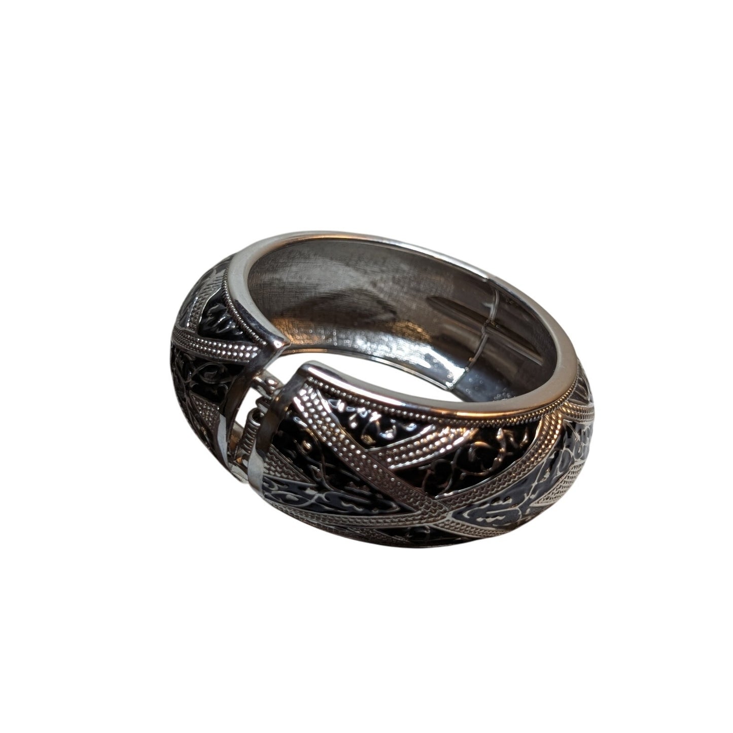 Black Enamel Silver Tone Wide Domed Hinged Bangle Clamper Bracelet