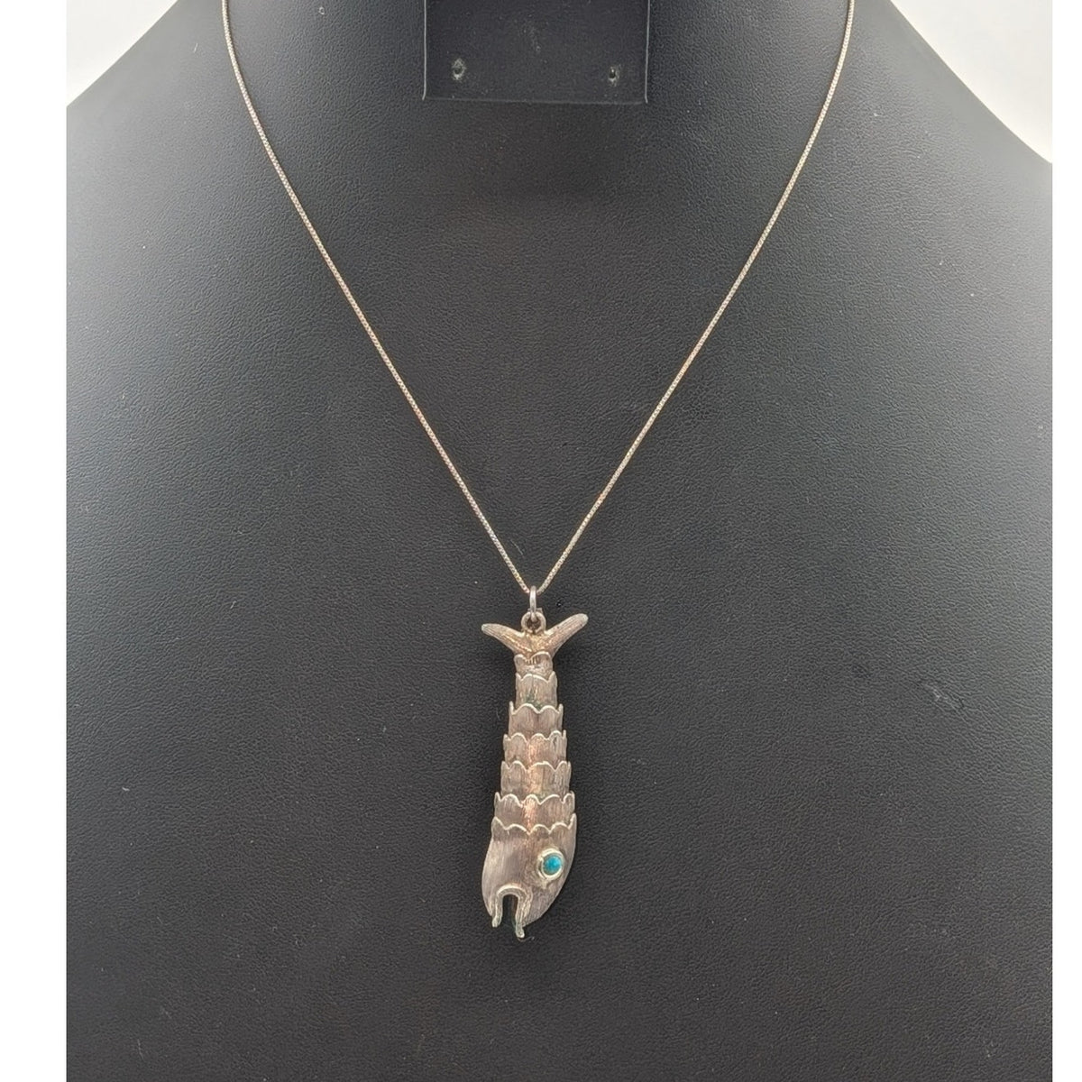 Taxco Mexico Sterling Turquoise Large Articulated Fish Pendant Chain Necklace