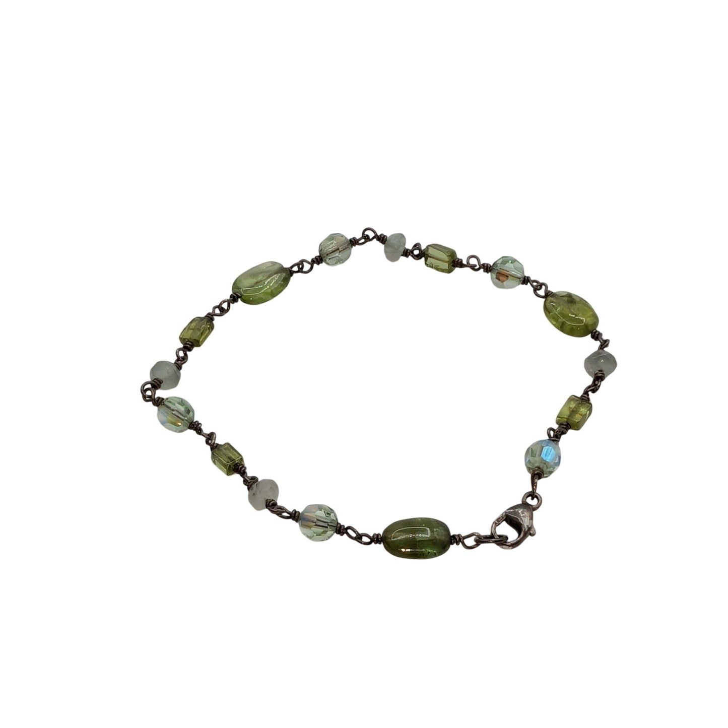 Vintage Peridot Quartz Glass Bead 925 Sterling Chain 7.25" Bracelet