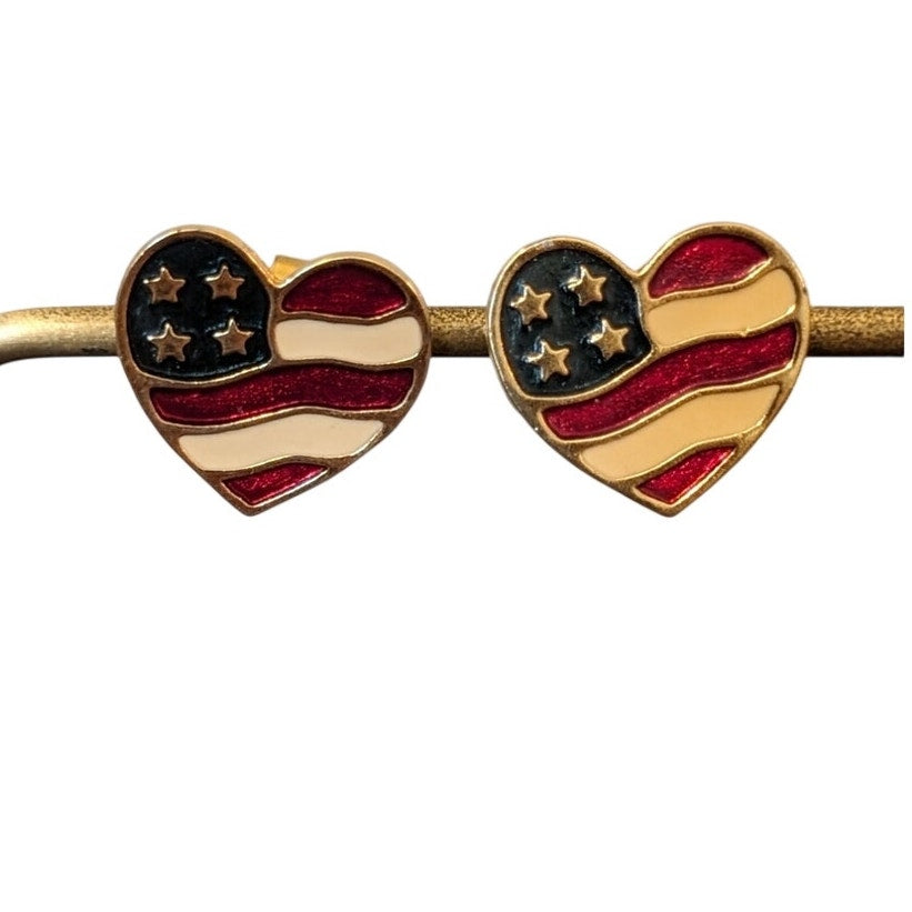 Avon Patriotic Red White Blue Enamel Flag Heart Post Earrings