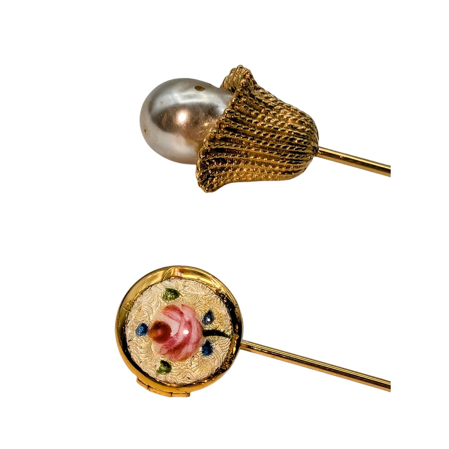 Lot of Two Vintage Gold Tone Stick Pins One Faux Pearl & One Enamel Rose Locket