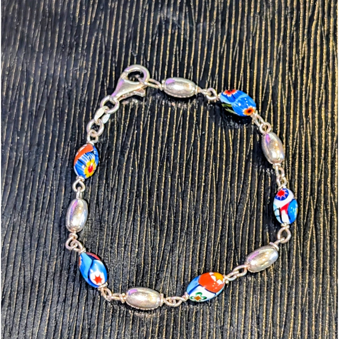 925 Italy Sterling Silver Millifiore Glass Sterling Bead Bracelet
