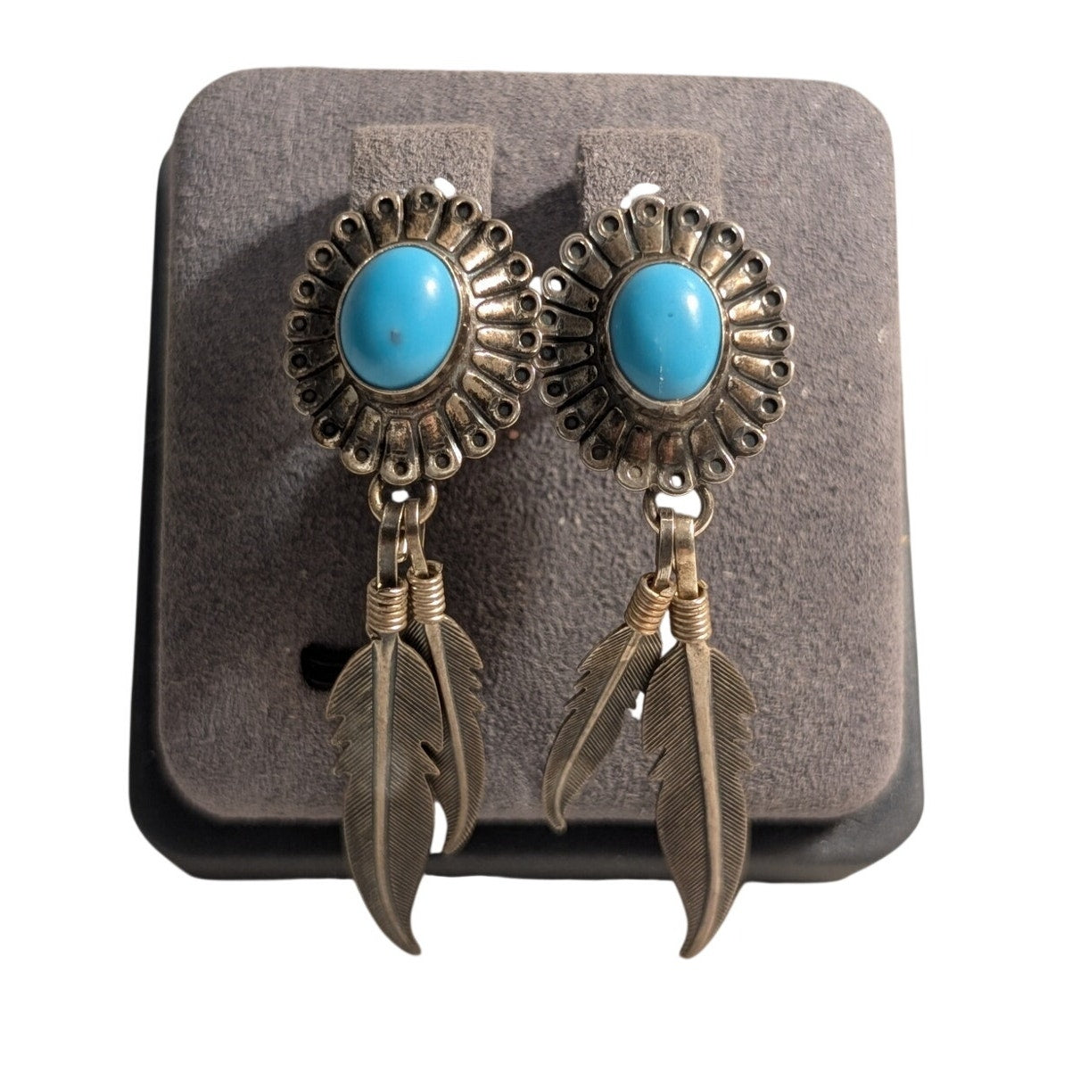 Vintage Signed QT Sterling Turquoise Feather Dangle Pierced Earrings