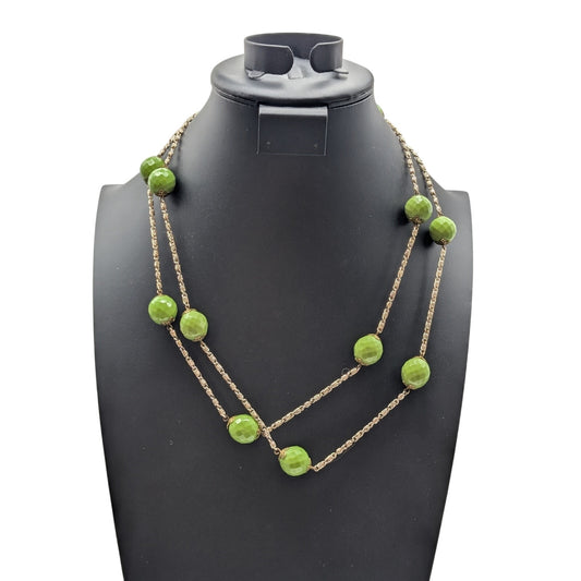 Vintage Gold Tone 46" Long Strand Chain Spring Green Czech Glass Bead Necklace