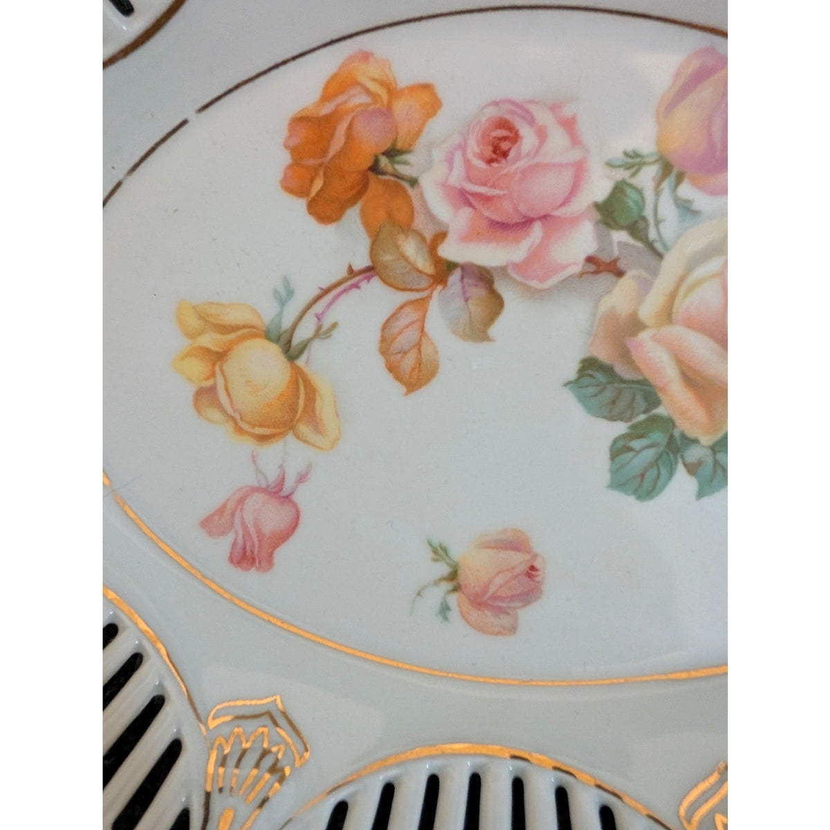 Vintage German Porcelain Pierced Lattice Rose Floral Bread Serving Bowl