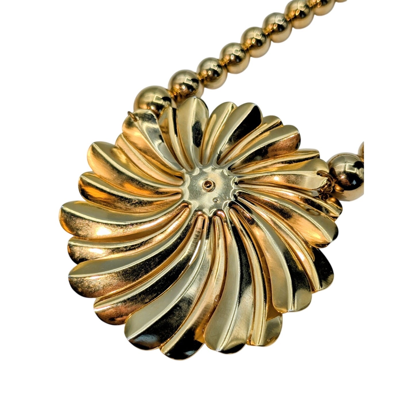 Vintage Gold Tone Large 3" Flower Center Pendant Gold Tone Bead 22"Necklace
