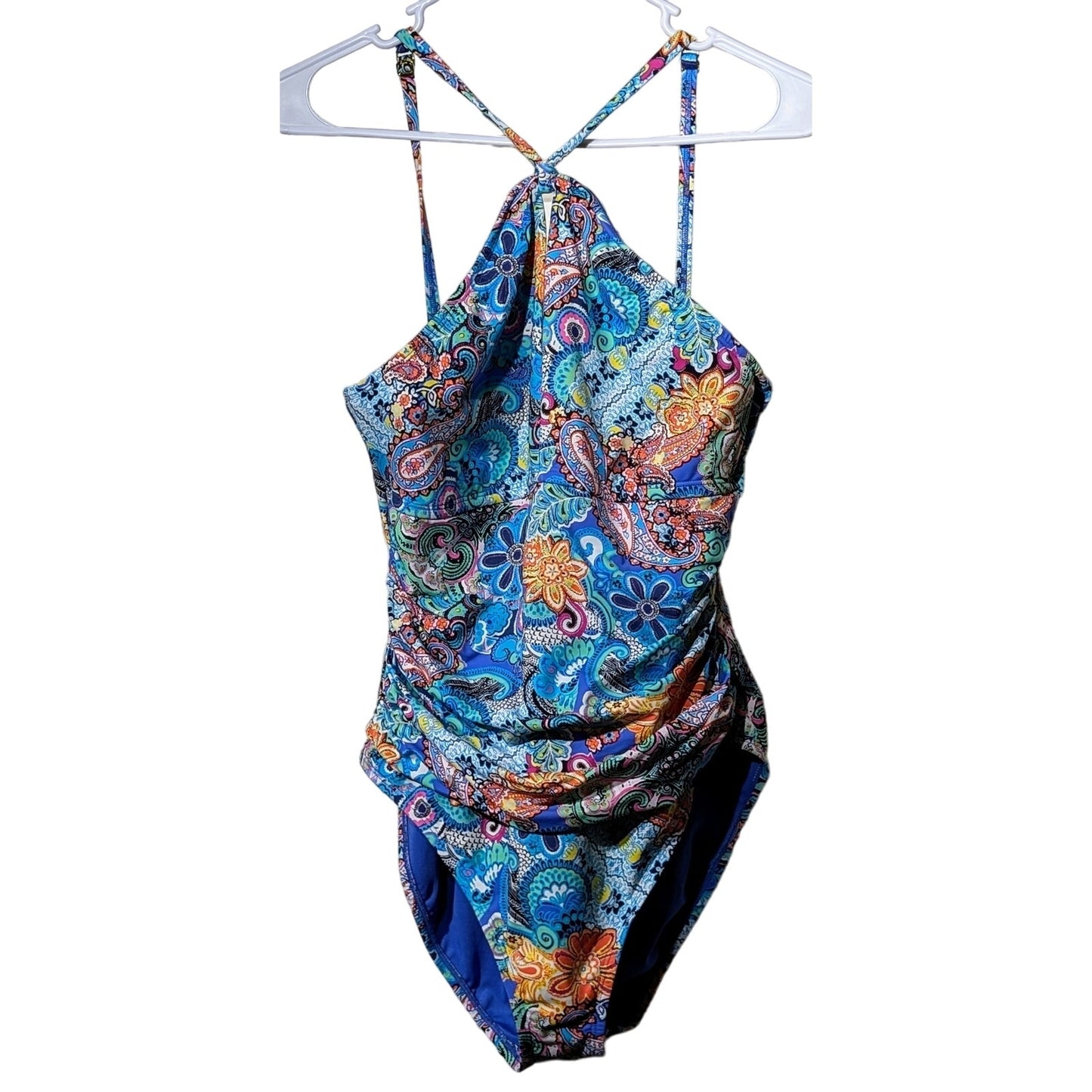 Bleu Rod Beattie Keyhole Paisley Blue Teal Multi Womens Bandeau Swim Suit Sz 8