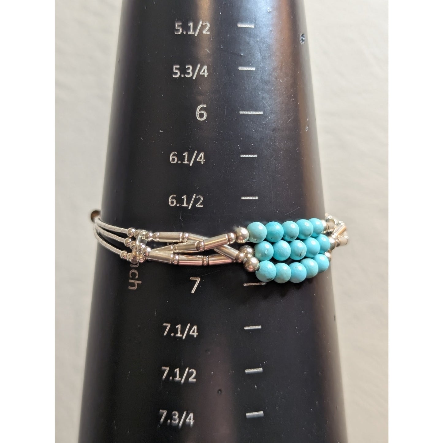 VTG Navajo Signed Turquoise Bead Three Strand Liquid Sterling Silver Bracelet