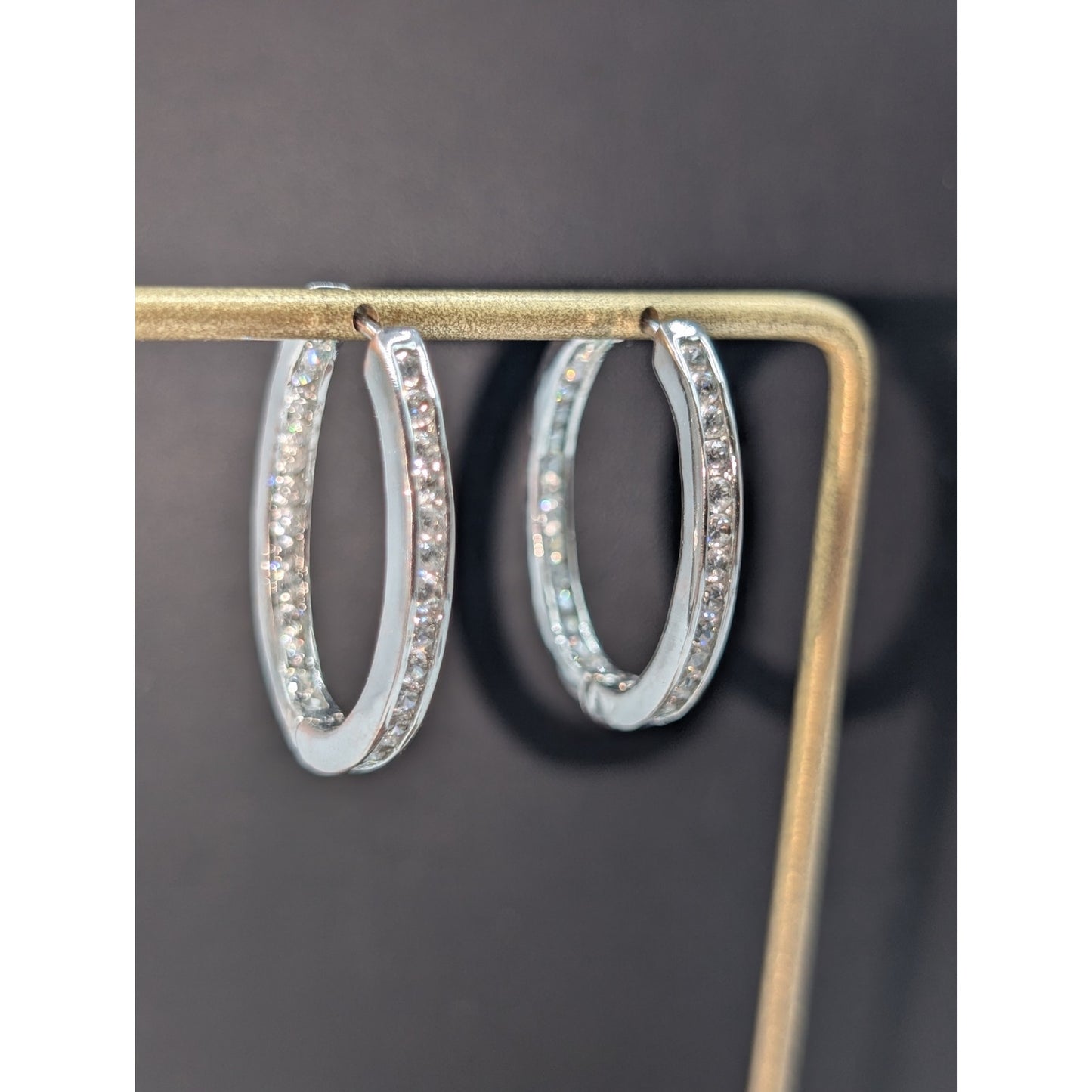 Silver Tone Non Magnetic CZ In and Out Oval Huggie Hoop Earrings