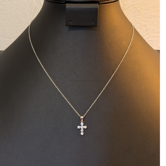 Six Bezel Set Clear Crystal CZ Cross Sterling 18" Necklace