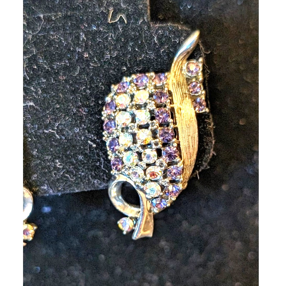 Vintage Purple and AB Crystal Silver Tone Clip On Earrings