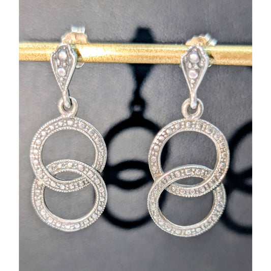 Vintage 925 Sterling Double Interlocking Rings Dangle Pierced Earrings
