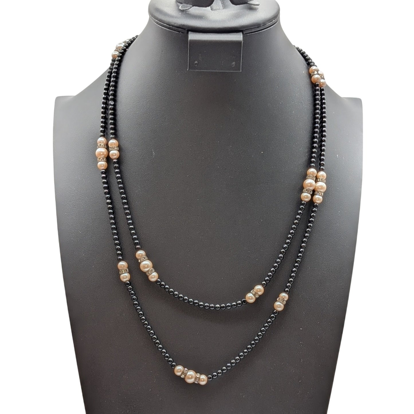 Vintage 50" Black Glass Bead Faux Pearl Rhinestone Rondelle Bead Necklace