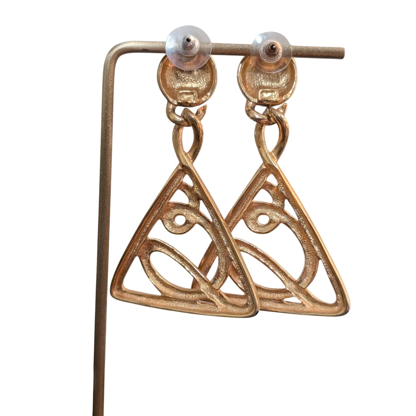 Vintage 80s Large Gold Plate Swirl Drop Triangle Dangle Pierced Earrings